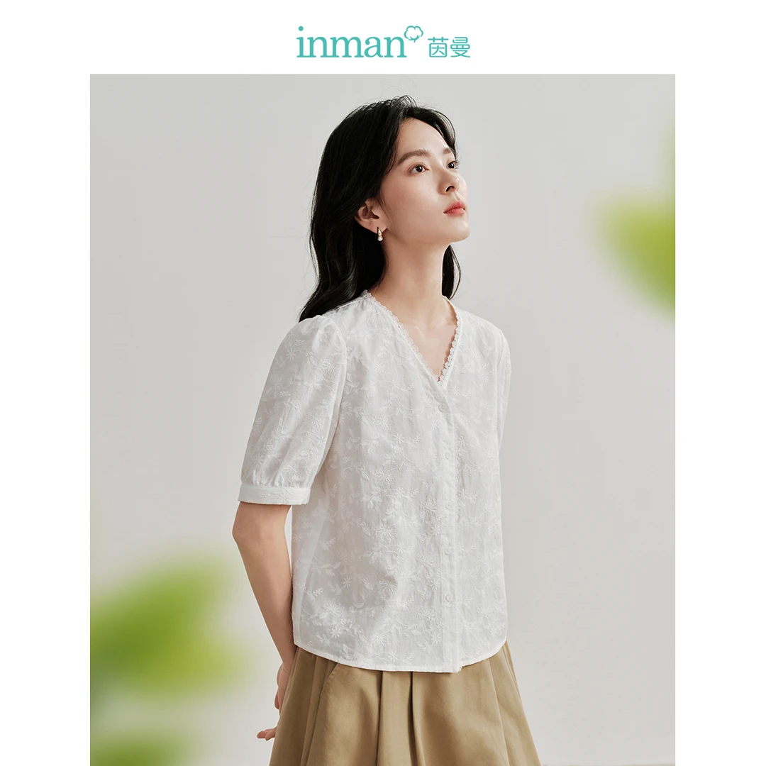 【周年庆】茵曼2024夏季新款女衬衫衬衣上衣短袖气质纯棉泡泡袖刺绣