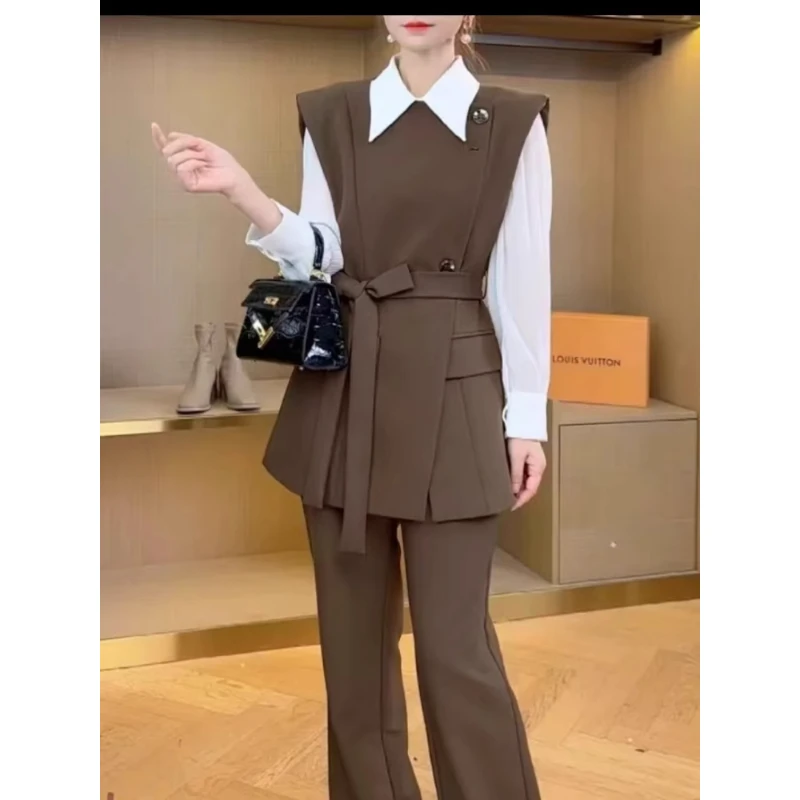 时尚气质休闲拼接显瘦套装2025秋季新款衬衣马甲长裤通勤三件套