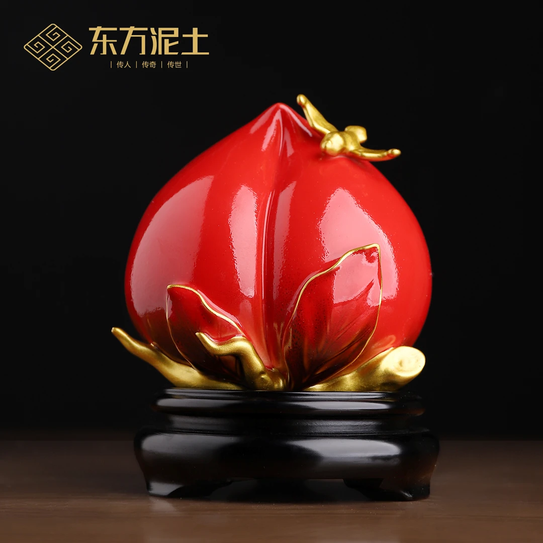 东方泥土福寿陶瓷寿桃摆件新中式客厅装饰品送长辈老人生日礼品