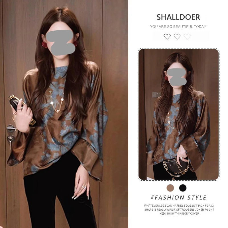 复古高级感印花圆领长袖衬衫女2026新款早秋宽松显瘦休闲洋气上衣