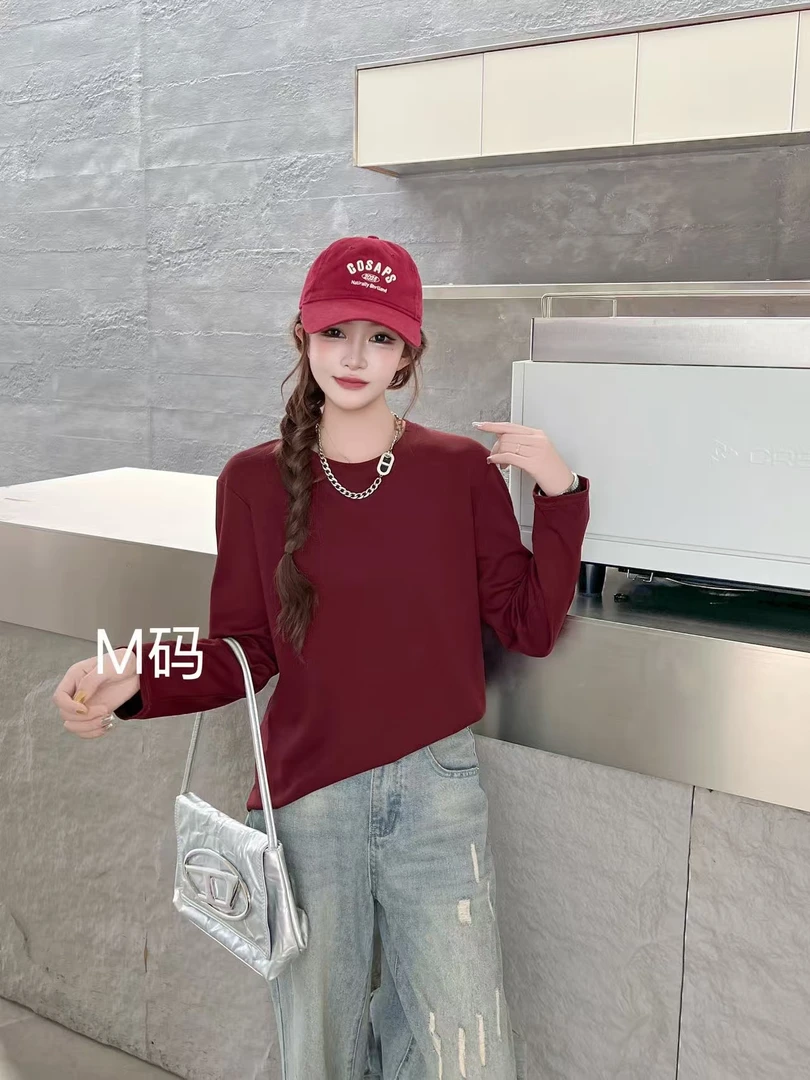 473s003纯色休闲针织长袖常规T恤宽松白色打底衫圆领时尚