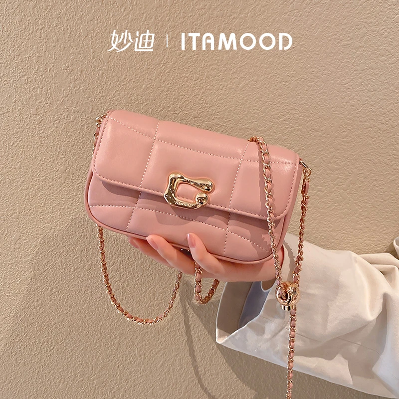 生日礼物妙迪2025新款真皮羊皮链条小方包粉色单肩斜挎包80116