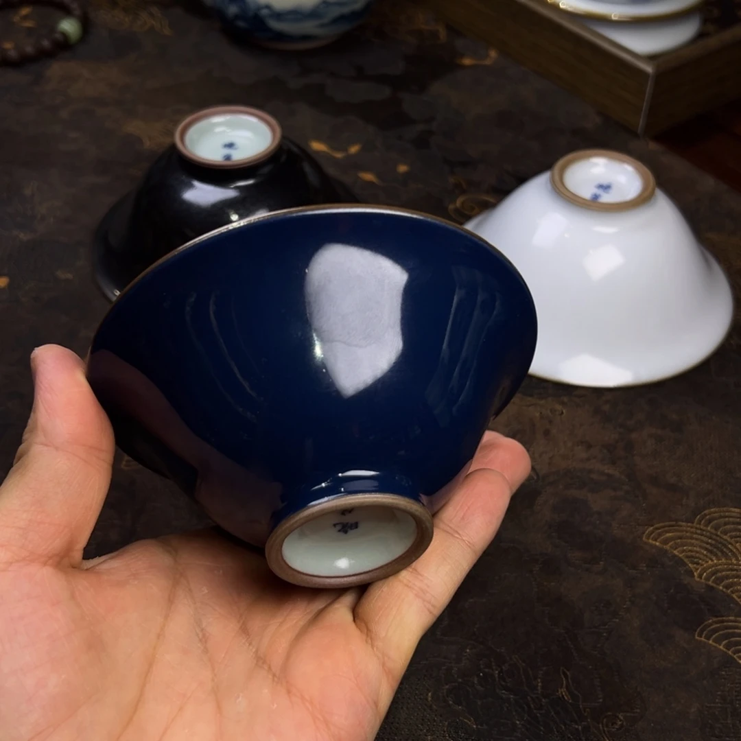 春***然霁蓝斗笠杯开片单杯