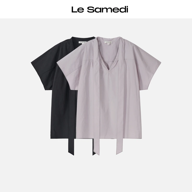 Le Samedi【微风拂夏】城市游牧  水洗府绸棉 v领飘带短袖衬衫