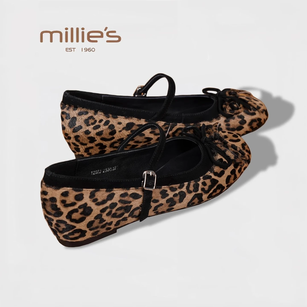 MILLIE'S/妙丽2025新款夏季豹纹马毛一字带浅口单鞋猪鼻子芭蕾鞋