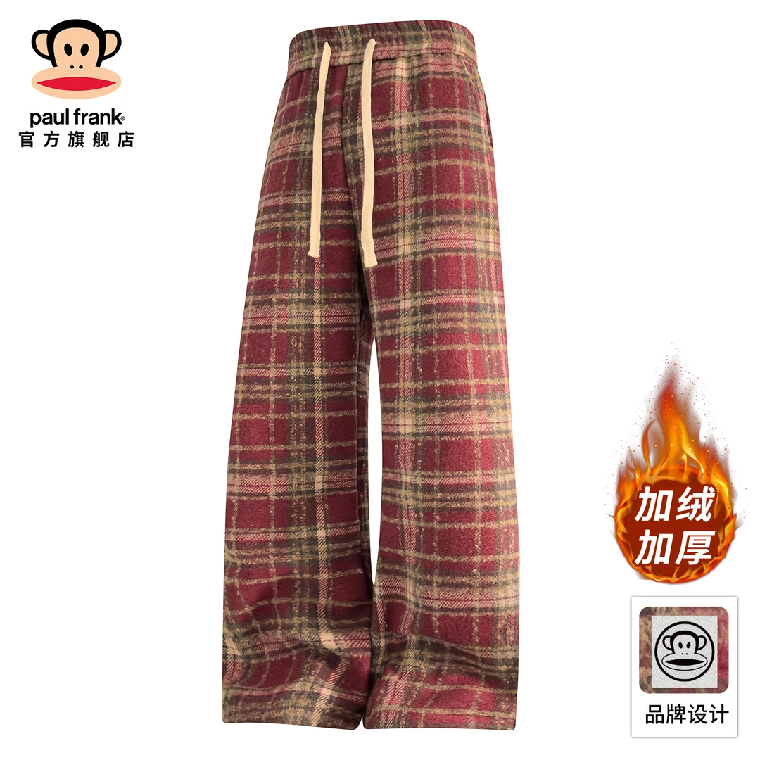 paul frank/大嘴猴加绒加厚休闲裤男冬季新款直筒宽松抽绳运动裤