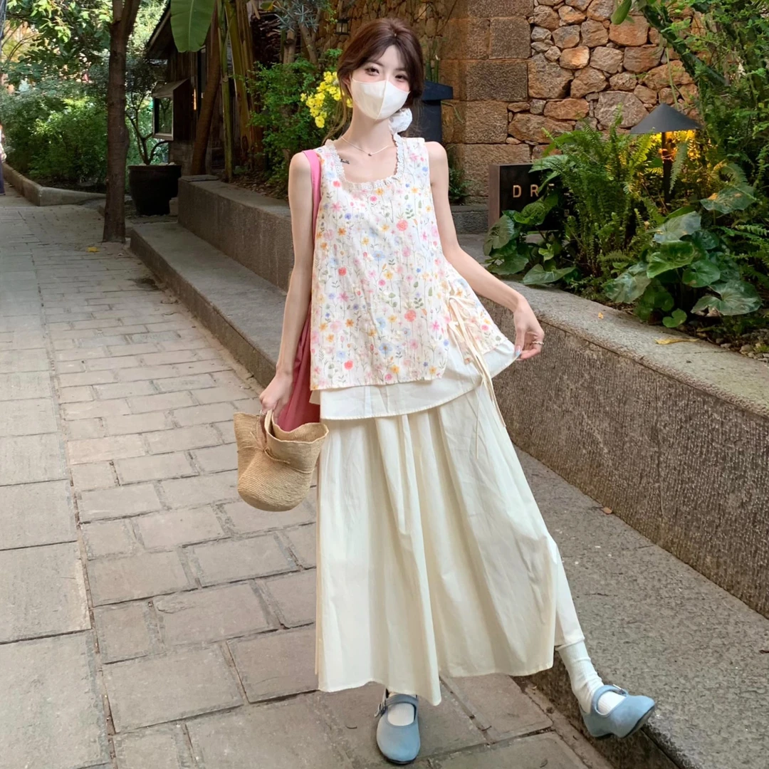 小清新碎花系带花边无袖上衣高腰中长款半身裙女2025夏季时尚套装
