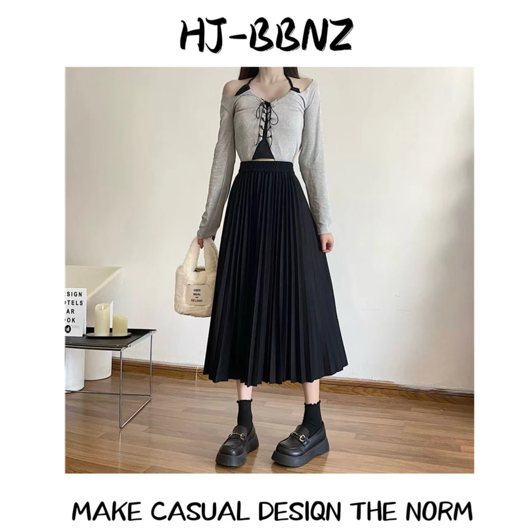 【HJ】百褶裙通用高腰舒适长裙半身裙时尚法式气质黑色百搭