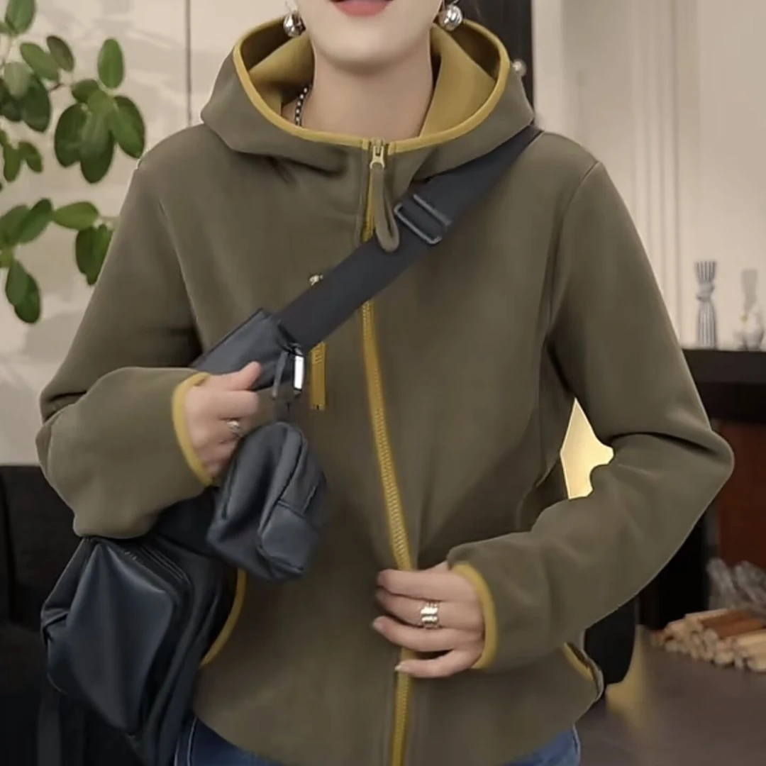 秋冬高端时尚轻奢高级感600g加厚双面奥粒绒连帽防风保暖开衫外套