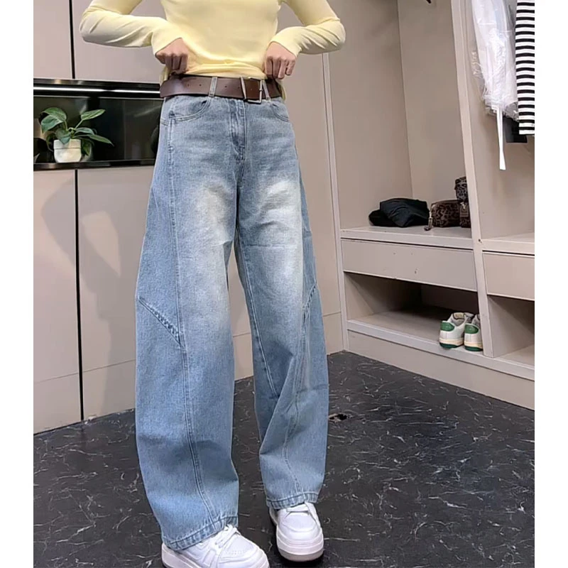 早春新款高腰弯刀直筒阔腿裤女大码显瘦小个子百搭拖地裤子牛仔裤