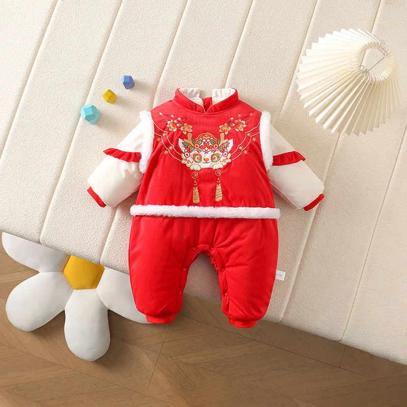婴儿拜年服冬季加绒红色喜庆满月过年爬服美龙刺绣棉连体