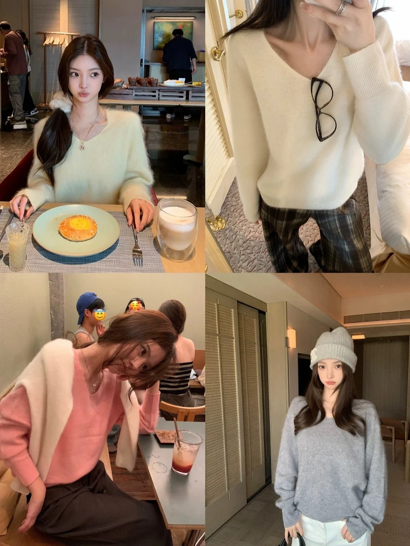 纯色温柔气质V领软糯针织毛衣秋冬慵懒风百搭宽松显瘦女上衣
