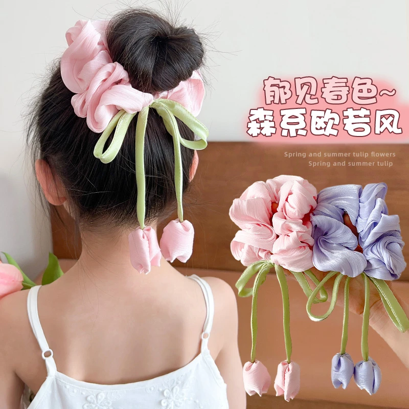 韩系儿童郁金香花朵大肠发圈女童高级感气质飘带头绳甜美女孩发饰