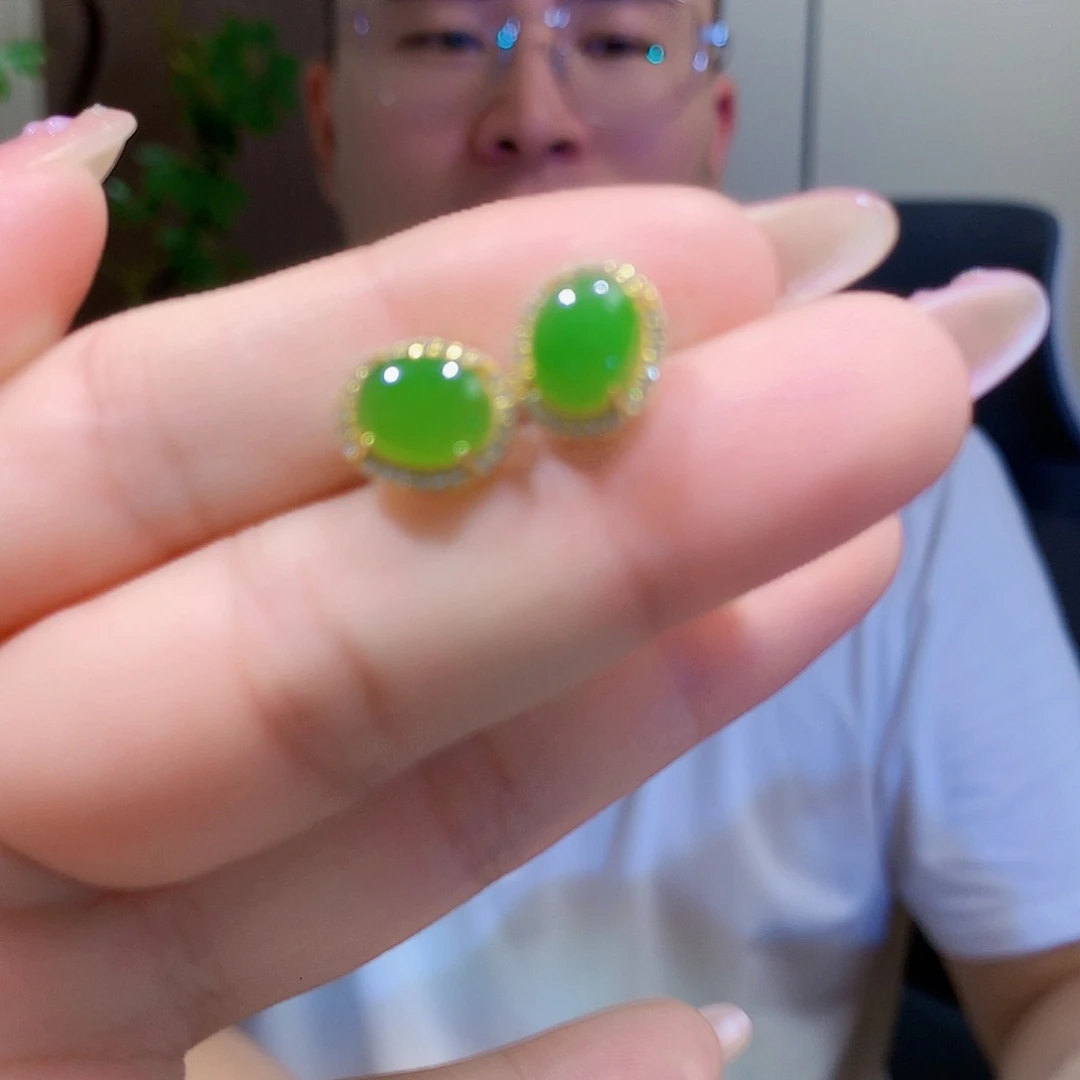 银S925镀金镶嵌和田玉（碧玉）耳饰
