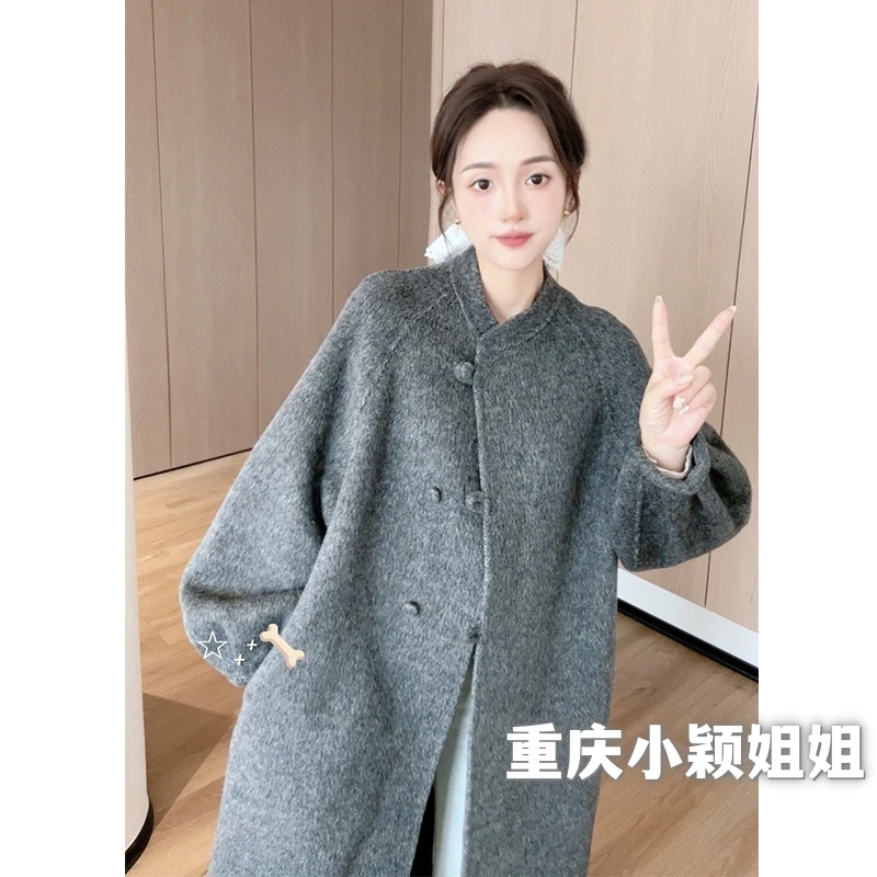 25913 新中式简约宽松温柔风立领扣子时尚百搭长款秋冬羊毛大衣
