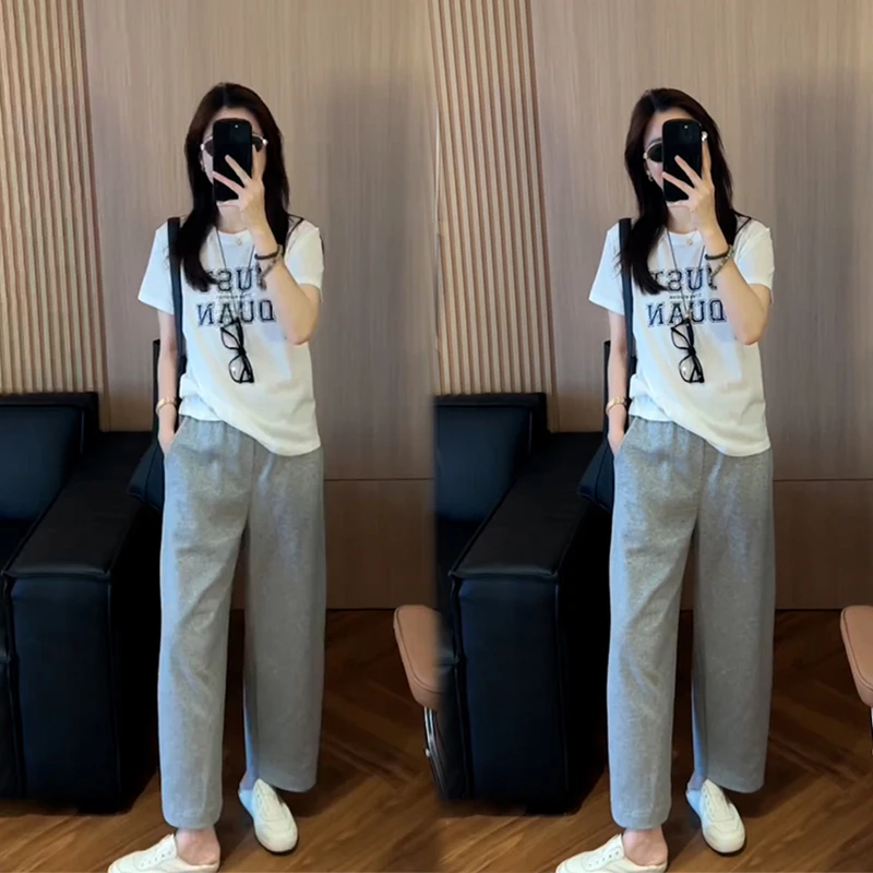 松弛感时尚休闲套装女夏季减龄印花字母白色T恤休闲裤搭配一整套