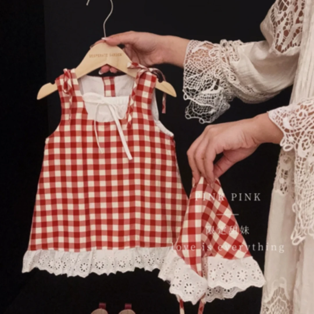 【送头巾】女童夏季网红吊带红色格子纯棉假两件包屁裙时尚女宝格子
