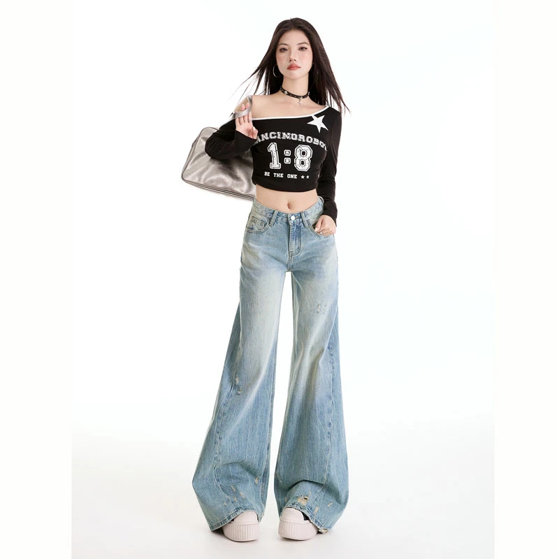 新款浅蓝美式破洞设计阔腿微喇牛仔裤女松弛感宽松休闲百搭拖地裤