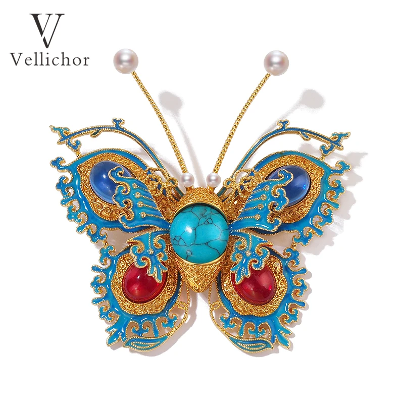 铜合金胸针 【花丝叠翠】原创设计金纍丝宫廷蝴蝶珐琅彩万能扣胸针