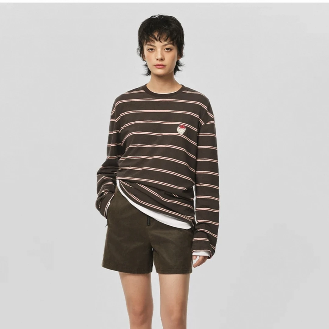 UCUT简刀 8ON8 新款品牌设计师深灰条纹草莓刺绣长袖T恤18172