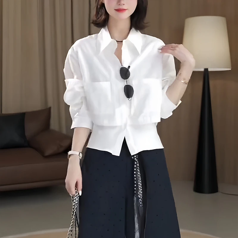 高级感时尚假两件衬衫女早秋新款独特设计感下摆拼接显瘦上衣潮