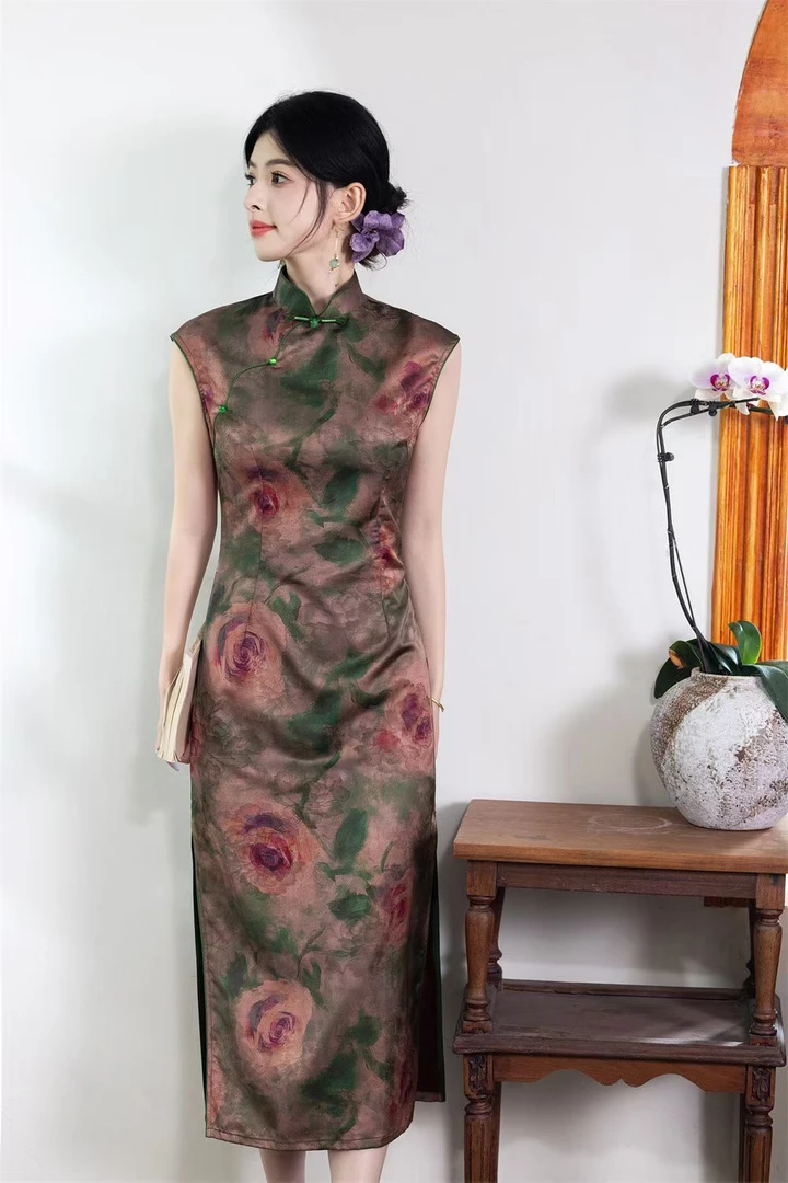 新中式包臀旗袍中国风气质复古国风真丝改良开叉连衣裙夏季无袖
