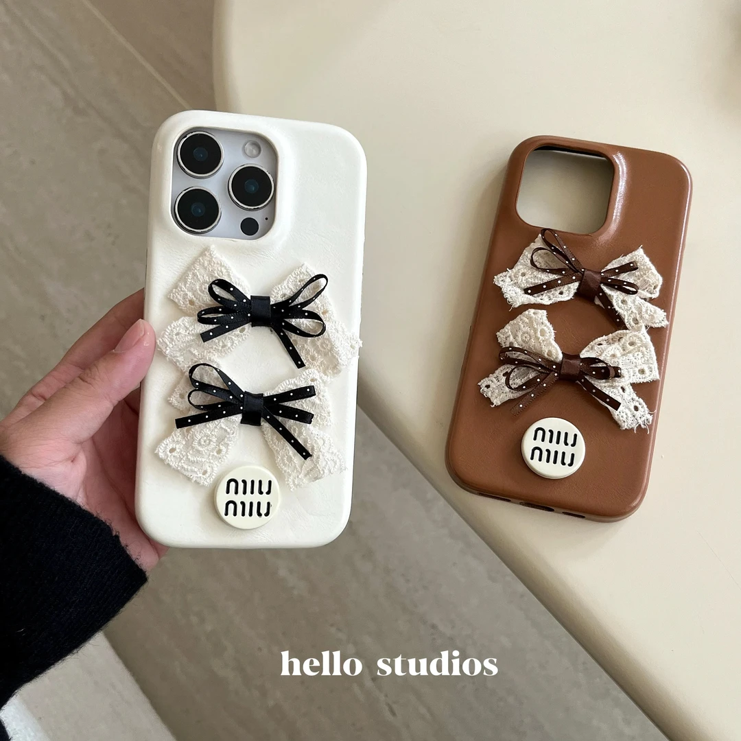 秋冬ins风蝴蝶结蕾丝皮质手机壳苹果17pro/13/16promax闺蜜款15壳