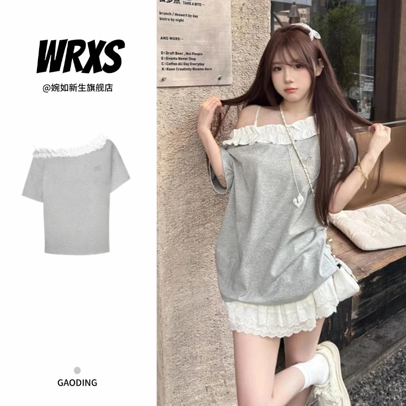 【婉如新生】夏季甜美花边斜肩短袖t恤女设计感韩系ins辣妹上衣宽松
