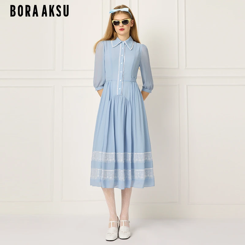 商场同款BORA AKSU夏泡泡袖花边装饰衬衫式褶裥连衣裙B1FCW61900