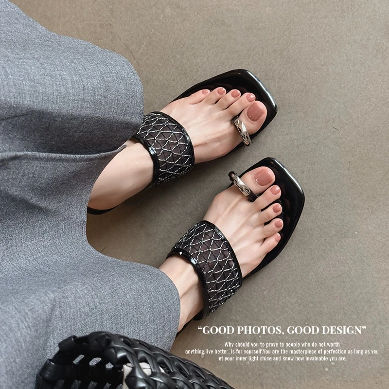2025新款法式仙女风编织套趾方头防滑凉拖鞋女粗跟外穿平底夏季