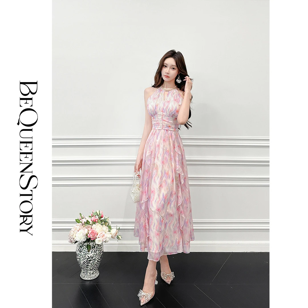 BeQueenStory【玫瑰告白】高贵精致印花烫金钉钻挂脖露肩连衣裙2025