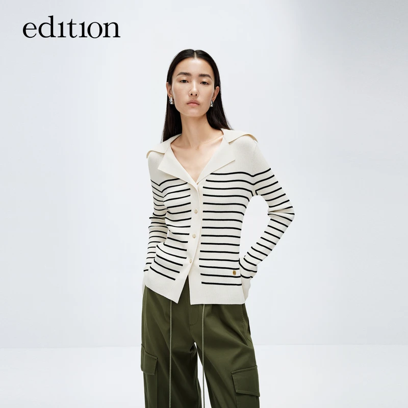 【陈大可】edition新款大翻领黑白条纹针织衫#EBD1CAR006