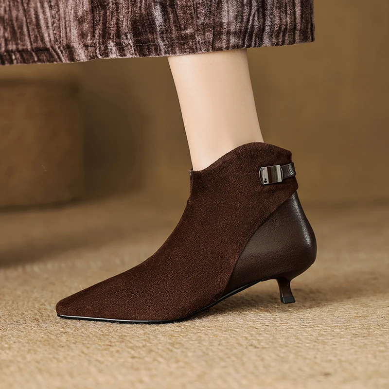 3.5cm复古风磨砂皮尖头短靴细跟真皮时尚拼接裸靴秋冬百搭高跟靴