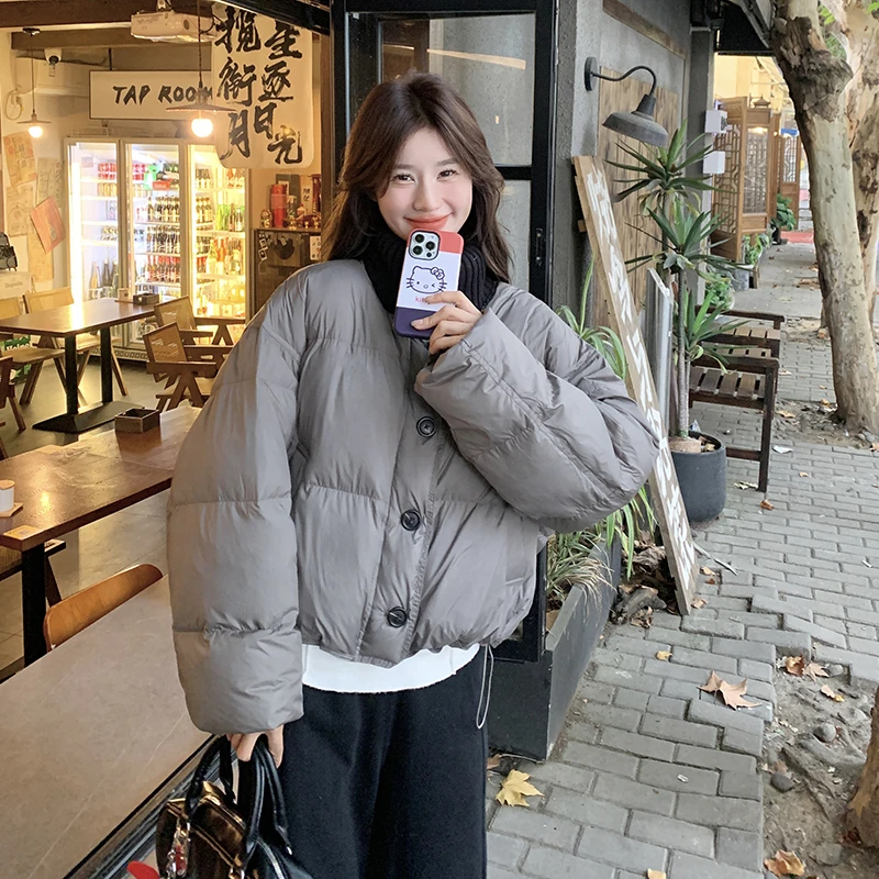 超好看高级感灰色短款羽绒服女冬季2024新款韩系穿搭白鸭绒面包服