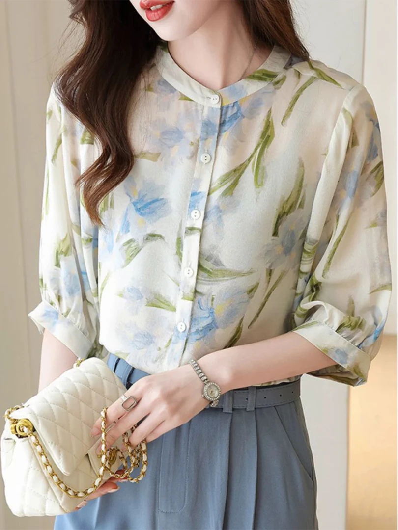 SS713碎花短袖衬衫女上衣2025夏季新款气质女士衬衫