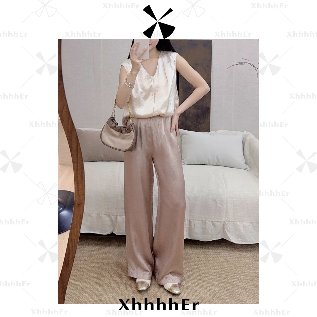 辛儿/小个子 100醋酸夏季松紧腰气质肌理感褶皱直筒裤XK1695