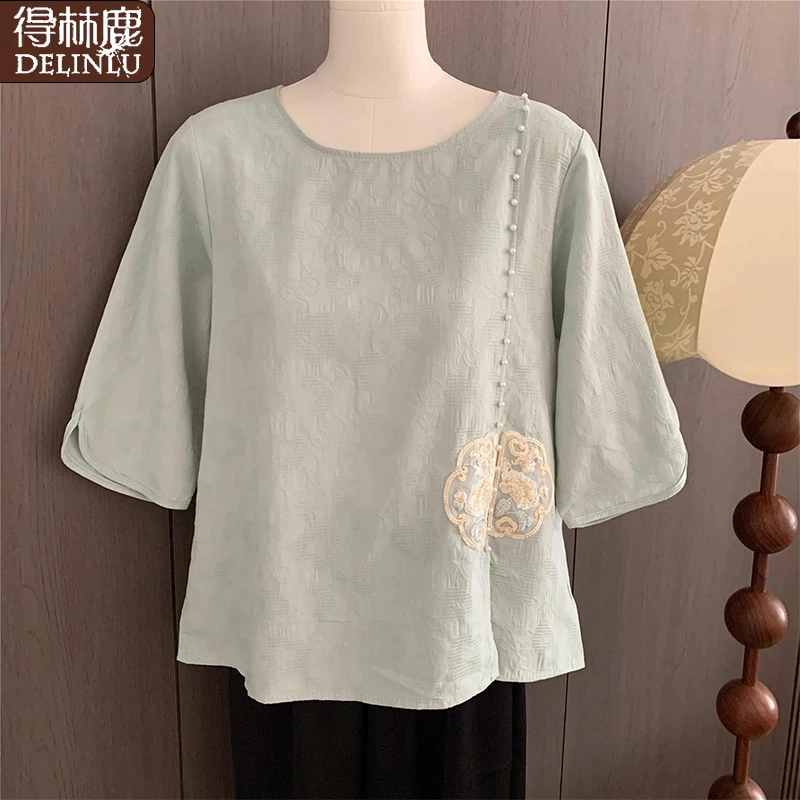 新中式国风妈妈装时尚衬衫七分袖夏装新款上衣减龄气质中老年衬衣