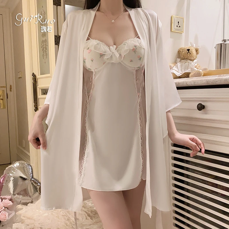 瑰若80-140斤甜美顺滑缎面内衣性感深V加胸垫蕾丝吊带裙外袍5164