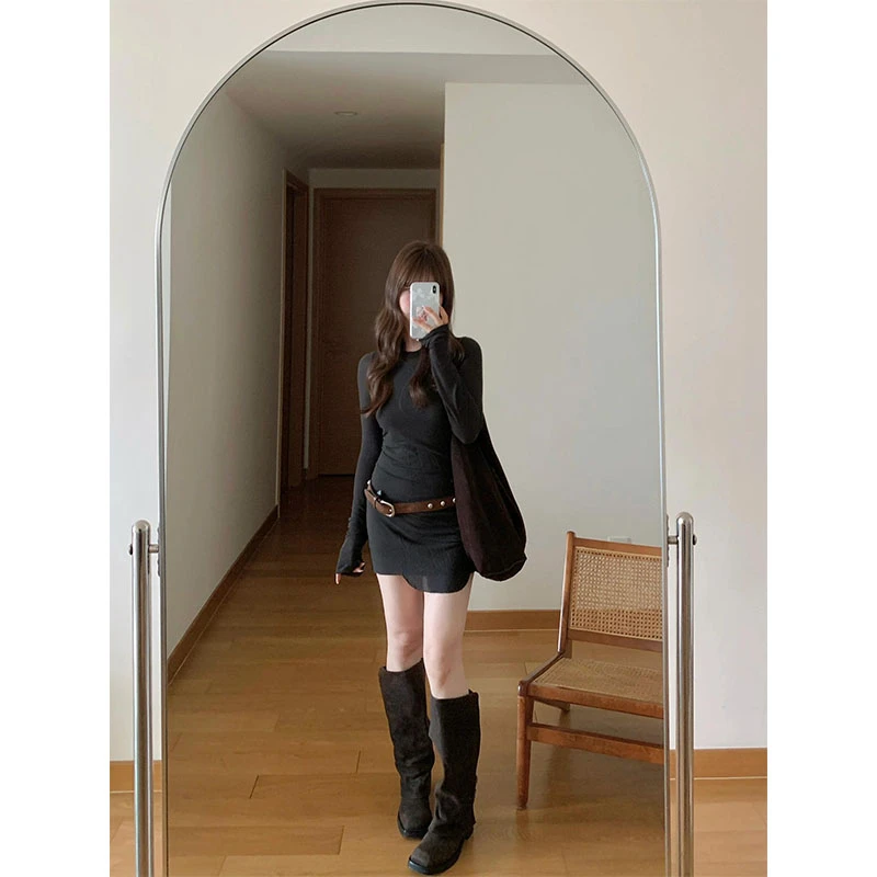 美式辣妹纯欲气质修身长袖连衣裙女夏季新款高级感收腰包臀短裙潮