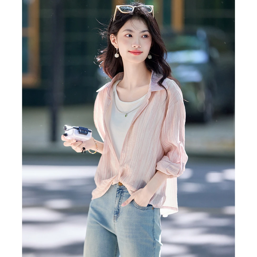 尚静街头风休闲上身套装女2025夏季新款轻薄遮阳条纹衬衫百搭背心