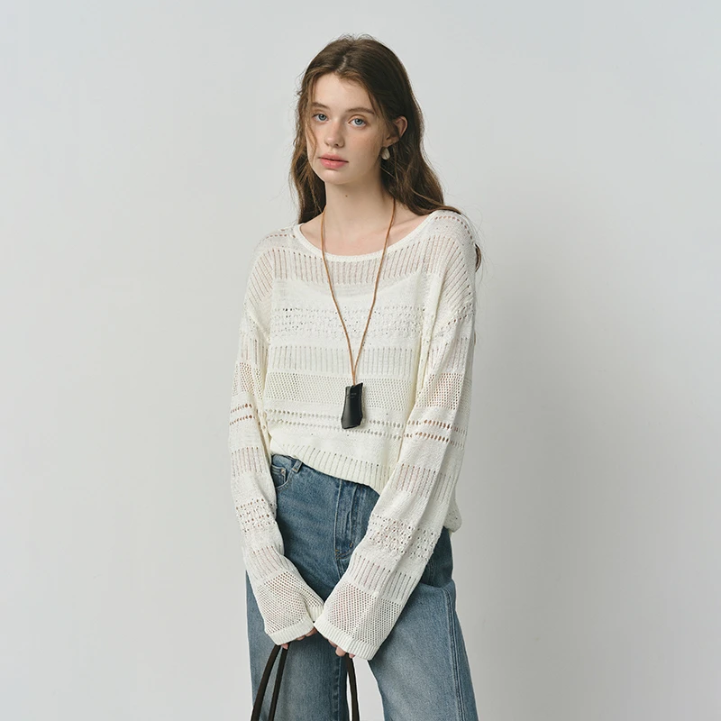JOVKATTI2025白色珠片长袖镂空针织毛衫女秋季新款宽松通勤