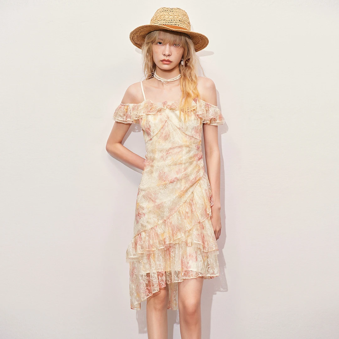 MAXRIENY浪漫甜美风晕染蕾丝气质衬衫拼接连衣裙高级气质感女装