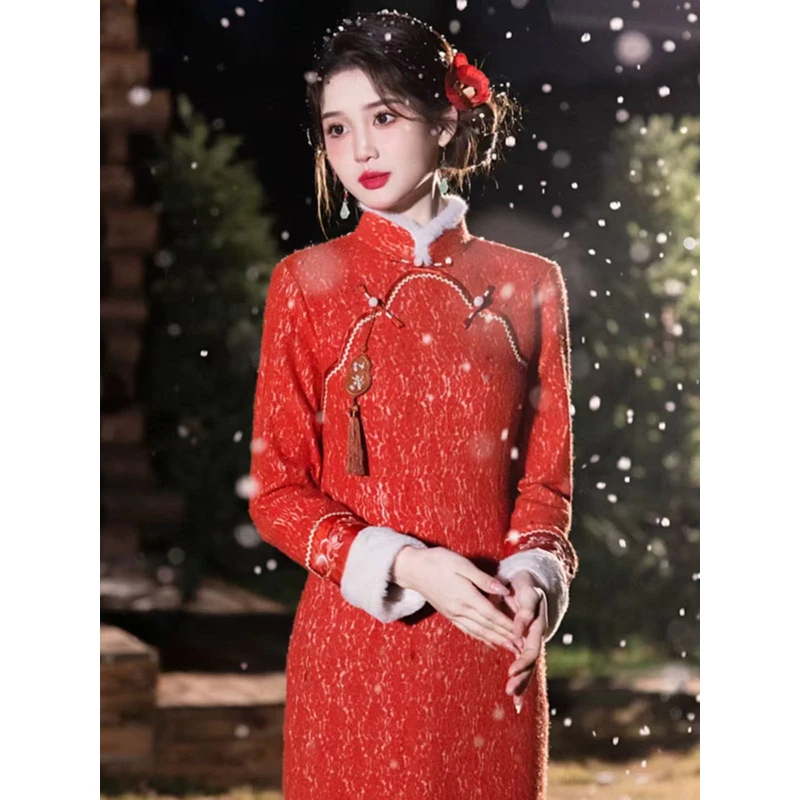 1586 橘红色 美玲襟 【宝葫芦】流苏 袖口刺绣 旗袍【没有流苏】