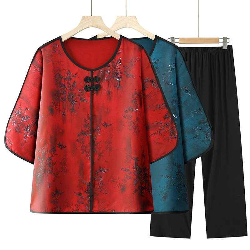 妈妈夏季中袖套装洋气大码新中式中老年女休闲T恤奶奶夏装两件套