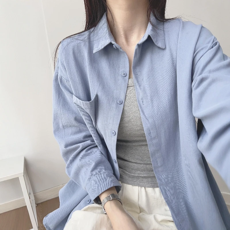 极简风纯色翻领长袖衬衫女2025秋季新款高级感通勤百搭可叠穿外套