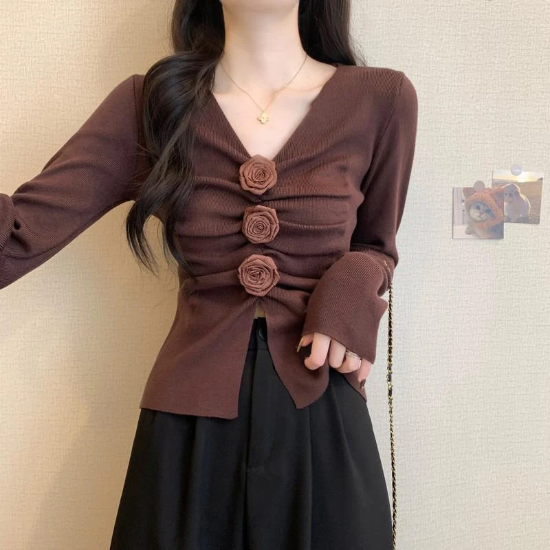 休闲风V领针织打底衫女早秋短款内搭大佬毛衣miu穿搭卡腰小衫上衣
