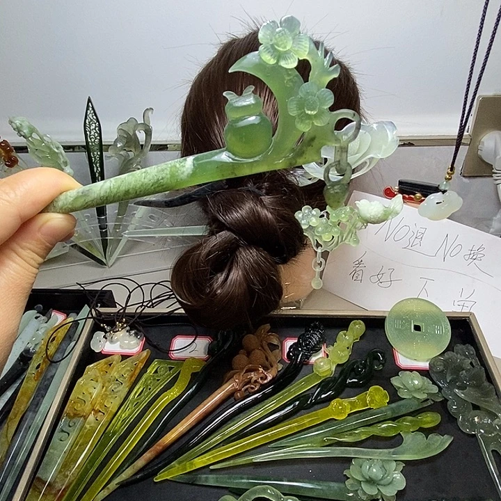 蛇纹石玉合金发饰月亮猫