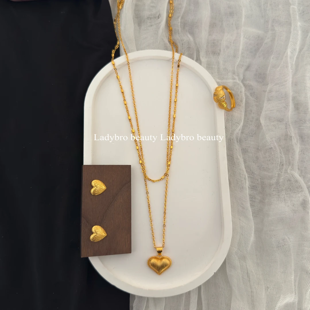 铜合金亚克力项链 古法复古双层爱心三件套新中式小众优雅设计感
