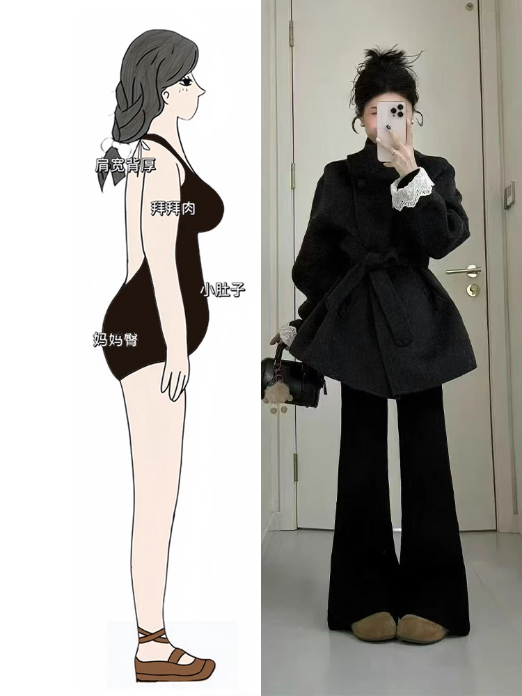 巨好看高级感秋冬穿搭一整套收腰系带毛呢外套微喇牛仔裤两件套女