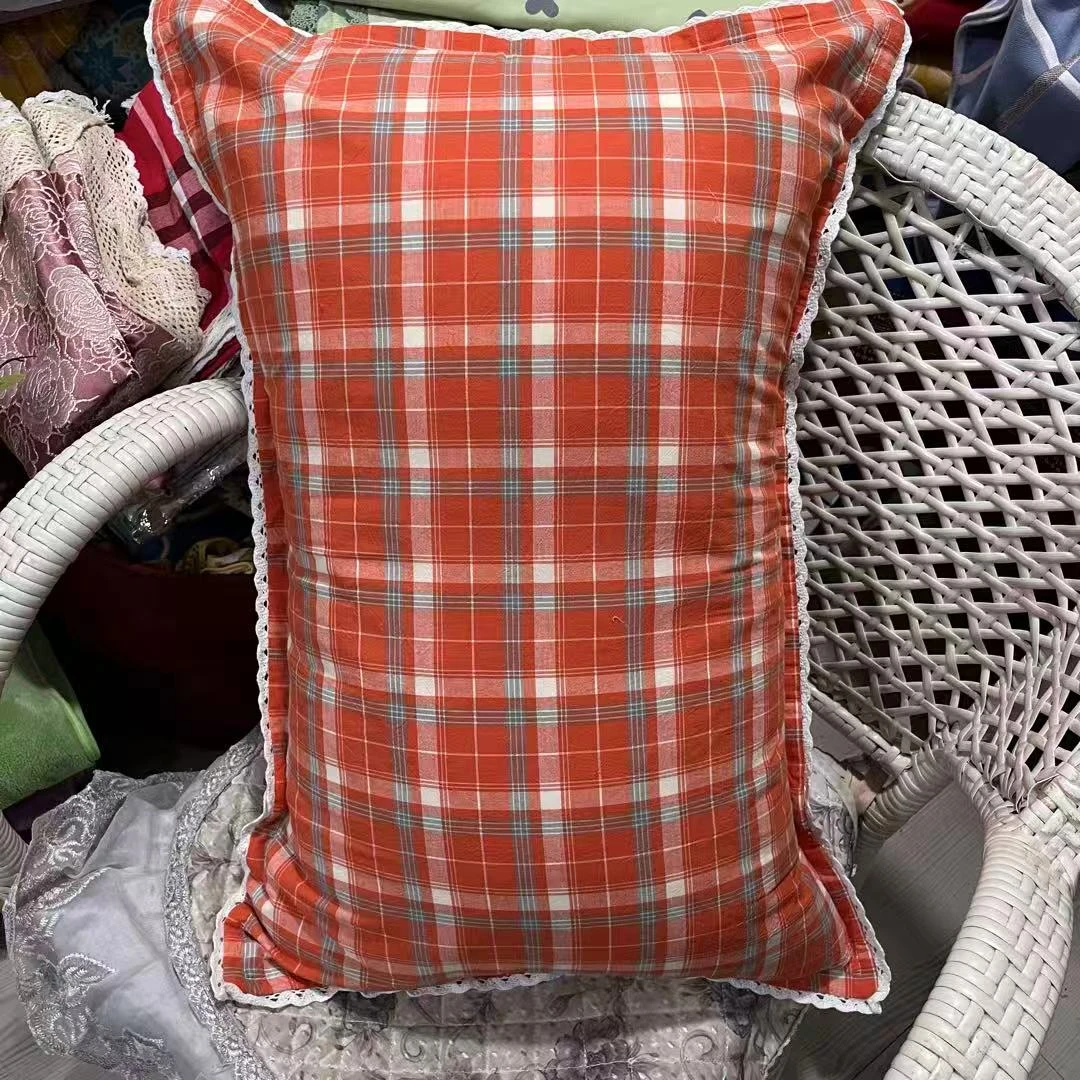 新疆包邮成人水洗四季用吸汗单人老粗布磨毛格子枕套方格花边枕头